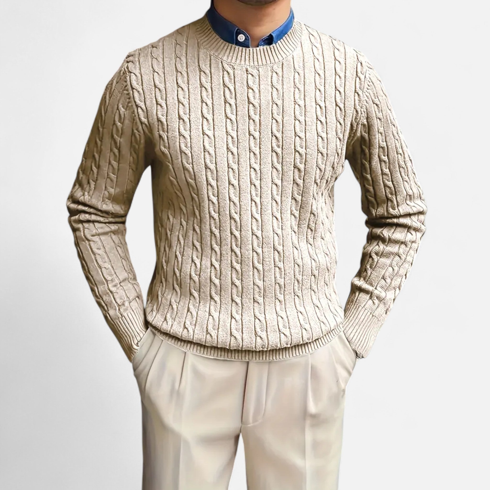 Rocal Outlet | Men's Crew Neck Twisted Rope Knit Sweater - Classic Cable Knit Jumper