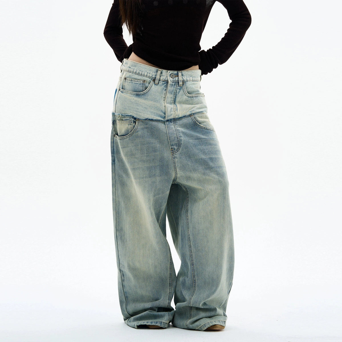 RT No. 32830 WASHED DOUBLE WAISTED DENIM JEANS