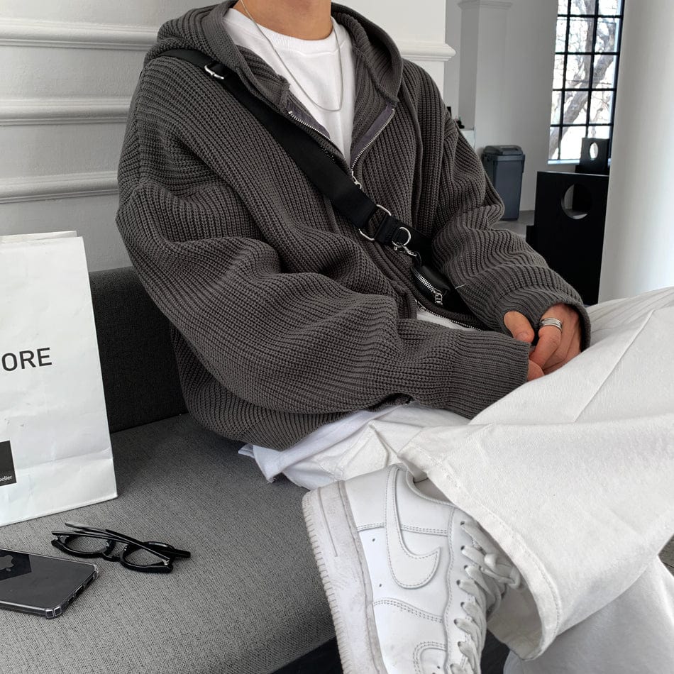 CHARCOAL KNITTED ZIP-UP HOODIE