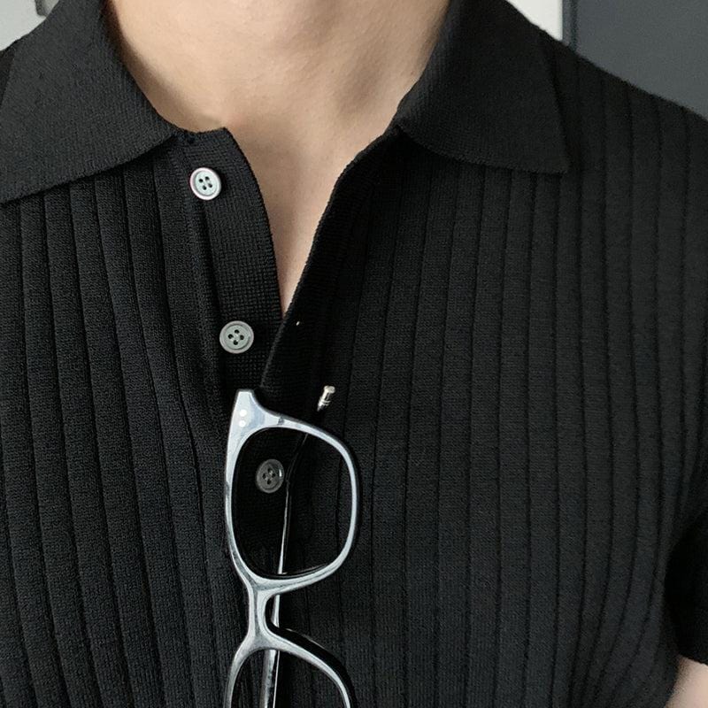 BLACK VERTICAL KNITTED SHORT SLEEVE COLLAR SHIRT