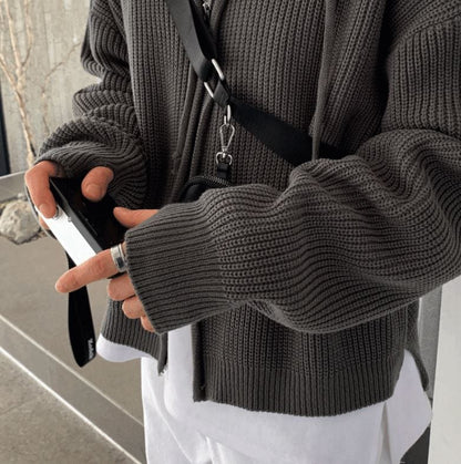 CHARCOAL KNITTED ZIP-UP HOODIE