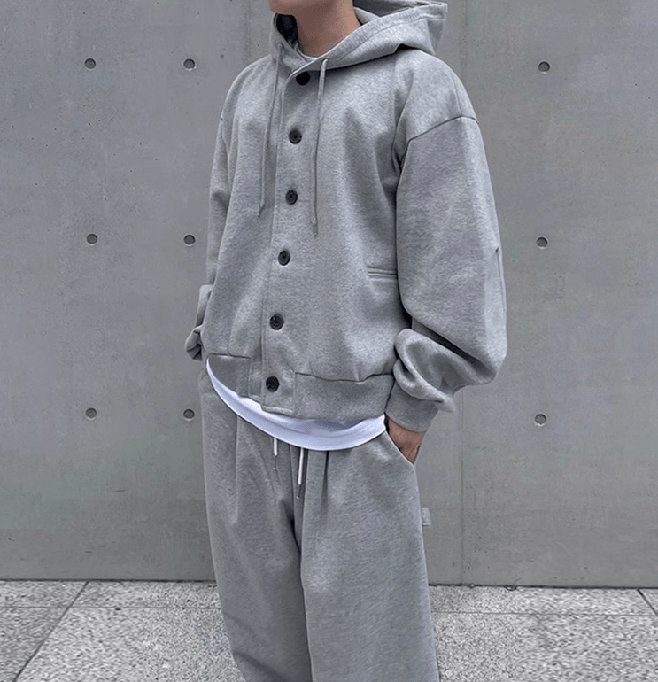 GRAY BUTTON-UP HOODIE & WIDE SWEATPANTS SET