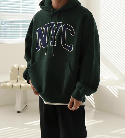NYC EMBROIDERED LETTERED PULLOVER HOODIE