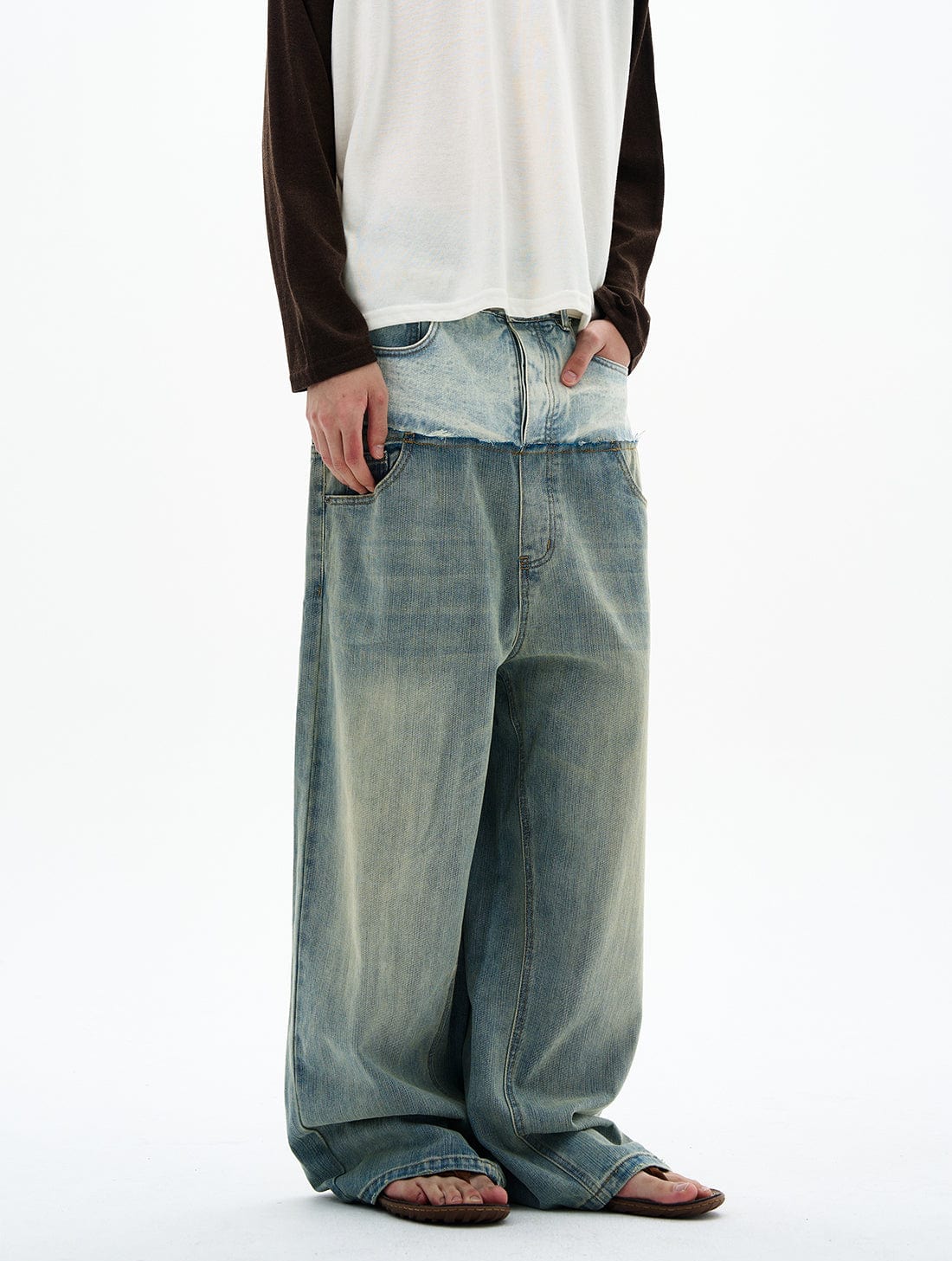 RT No. 32830 WASHED DOUBLE WAISTED DENIM JEANS