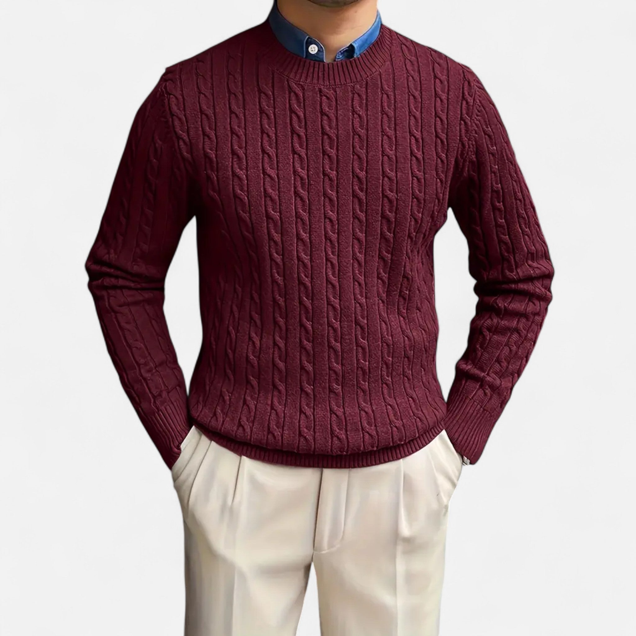 Rocal Outlet | Men's Crew Neck Twisted Rope Knit Sweater - Classic Cable Knit Jumper