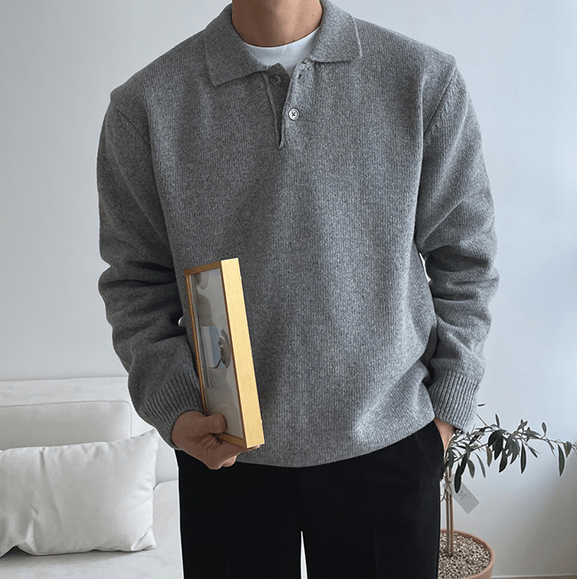 KNITTED COLLAR QUARTER BUTTON-UP SWEATER
