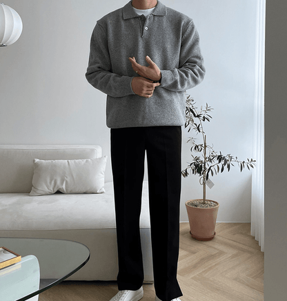 KNITTED COLLAR QUARTER BUTTON-UP SWEATER