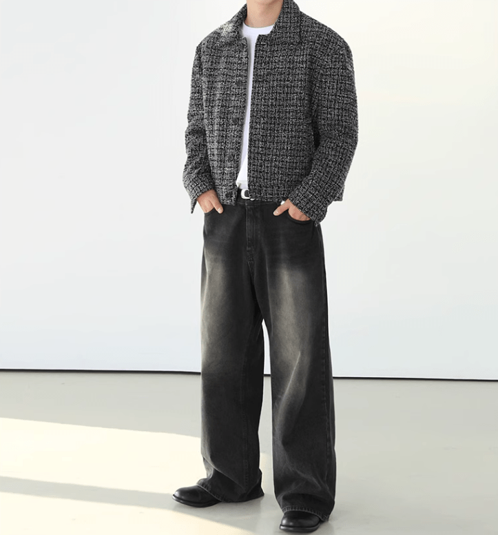 WASHED BLACK WIDE STRAIGHT DENIM JEANS