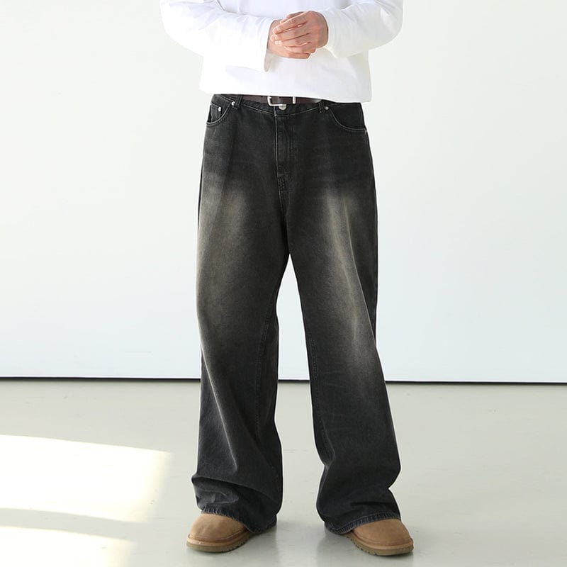 WASHED BLACK WIDE STRAIGHT DENIM JEANS