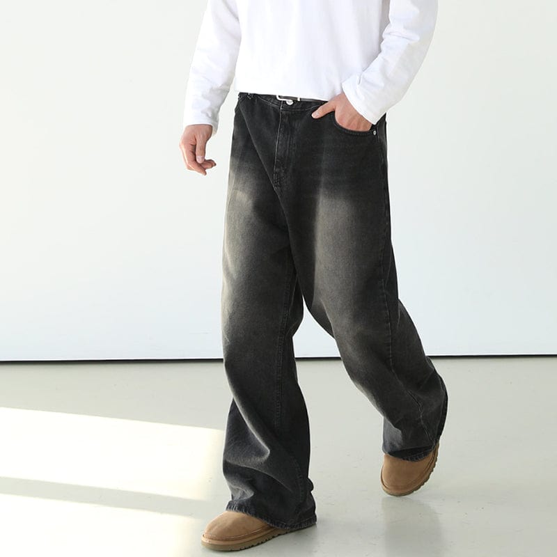 WASHED BLACK WIDE STRAIGHT DENIM JEANS