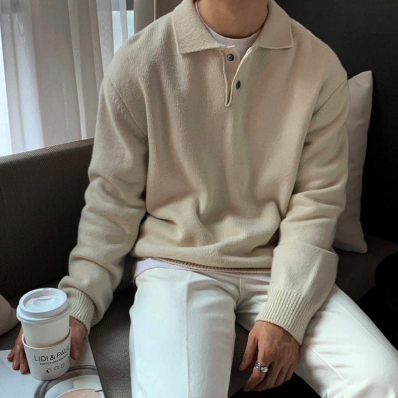 KNITTED COLLAR QUARTER BUTTON-UP SWEATER