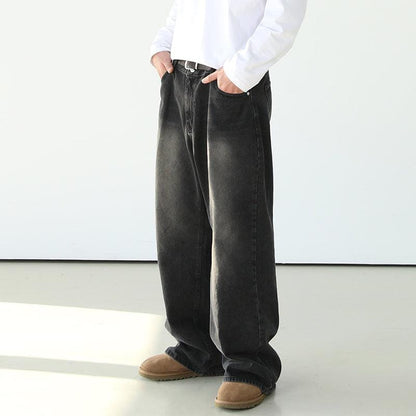 WASHED BLACK WIDE STRAIGHT DENIM JEANS