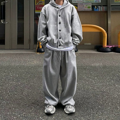 GRAY BUTTON-UP HOODIE & WIDE SWEATPANTS SET