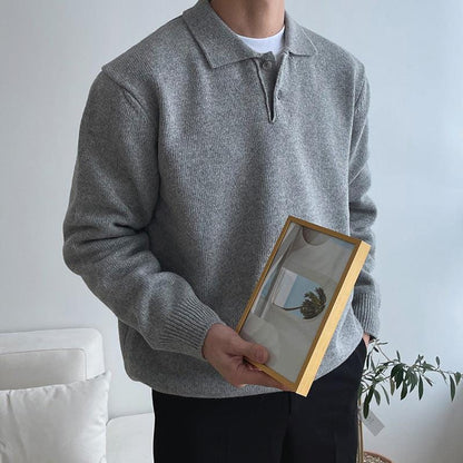 KNITTED COLLAR QUARTER BUTTON-UP SWEATER
