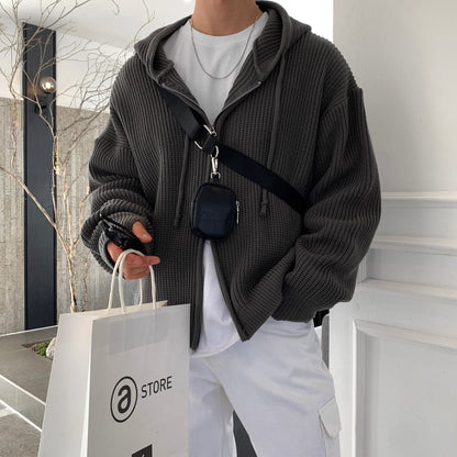 CHARCOAL KNITTED ZIP-UP HOODIE