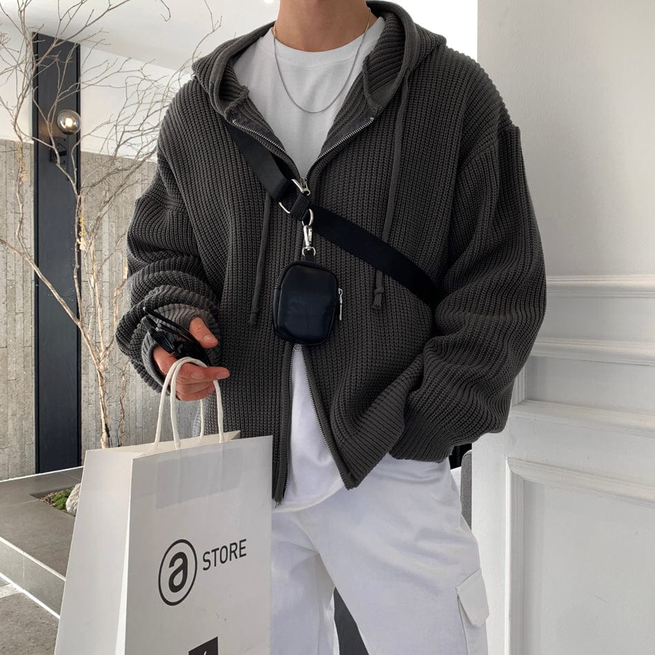 CHARCOAL KNITTED ZIP-UP HOODIE