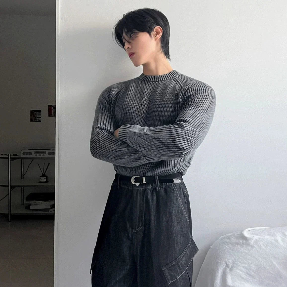 RT No. 32054 GRAY KNIT TEXTURE SWEATER