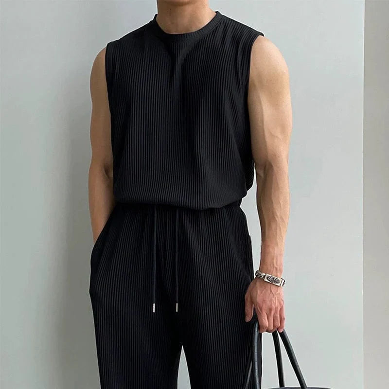 PLEATED SLEEVELESS SHIRT & WIDE DRAWSTRING PANTS