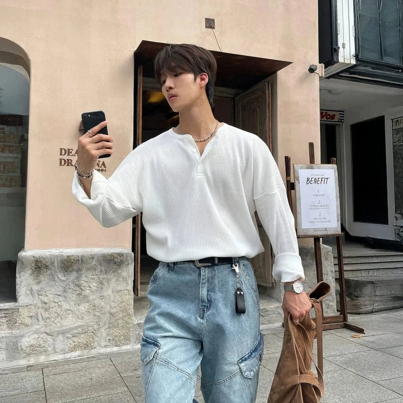RT No. 31074 WAFFLE KNIT HENLEY COLLAR LONGSLEEVE