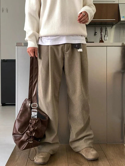 KHAKI BROWN PLEATED STRAIGHT PANTS