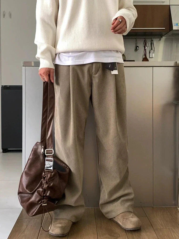 KHAKI BROWN PLEATED STRAIGHT PANTS