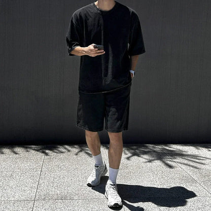 TWOPIECE - BLACK COTTON SHORT SLEEVE & SHORTS